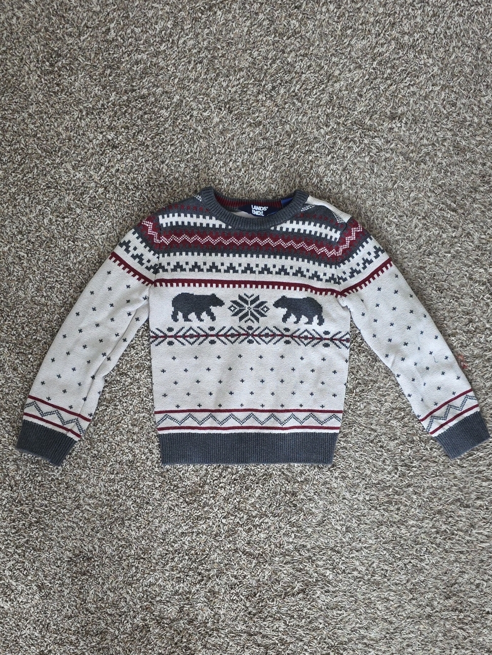 Lands' End Cream, Gray & Red Bear Fair Isle Sweater